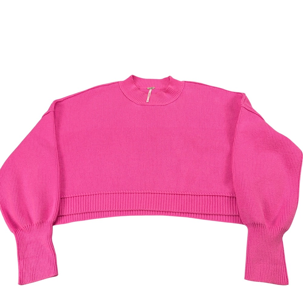 Free People Hot Pink Ribbed Knit Crop Sweater Mock Neck Boxy Mens M - Picture 2 of 16